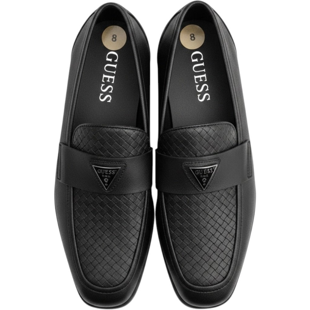 Guess Mens Black Woven‎ Texture Penny Loafers Dress Shoes Silver Logo Size 8
